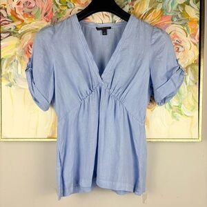 Banana Republic Blue 100% Linen V-Neck Roll Tab Sleeve Blouse M
